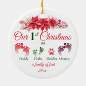 Eerste kerst als een familie van 4 Poinsettia Keramisch Ornament (Achterkant)
