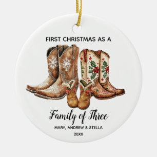 Eerste kerst als een familie van drie Cowboy Keeps Keramisch Ornament