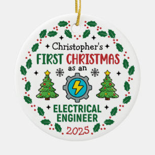 Eerste kerst als elektrotechnicus op maat keramisch ornament