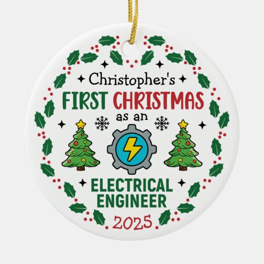 Eerste kerst als elektrotechnicus op maat keramisch ornament (Voorkant)