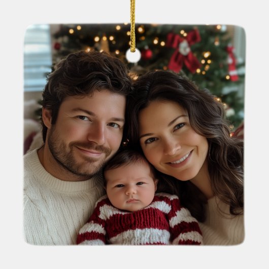 Eerste kerst als familie van drie foto's keramisch ornament (Achterkant)