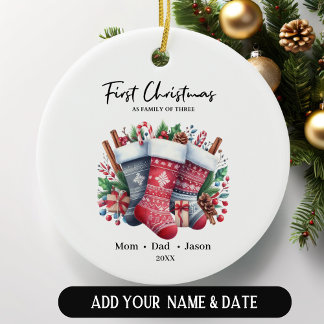 Eerste kerst als familie van drie kousen keramisch ornament
