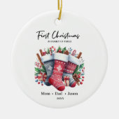 Eerste kerst als familie van drie kousen keramisch ornament (Voorkant)