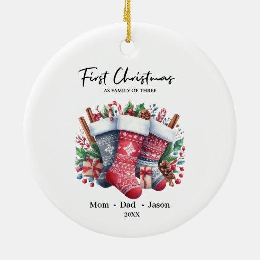 Eerste kerst als familie van drie kousen keramisch ornament (Achterkant)