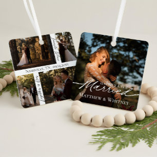 Eerste kerst als getrouwd paar elegante foto-aande metalen ornament