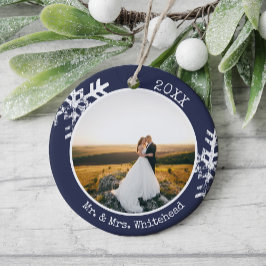 Eerste kerst als getrouwd paar foto elegant marine keramisch ornament