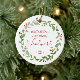 Eerste kerst als getrouwd paar Foto krans Rood tek Keramisch Ornament
