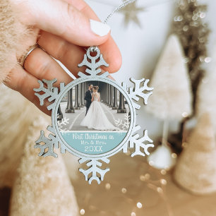 Eerste kerst als getrouwd paar Sneeuwvlok Foto Bla Tin Sneeuwvlok Ornament