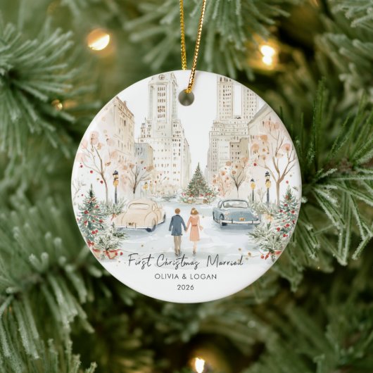 Eerste kerst als getrouwd stel in NYC Keramisch Ornament (Boom)
