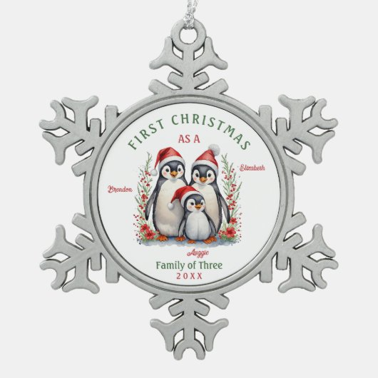 Eerste kerst als gezin van drie tin sneeuwvlok ornament (Voorkant)