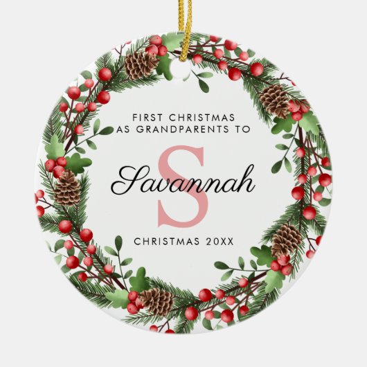 Eerste kerst als grootouders Bloemenkrans Keramisch Ornament (Voorkant)