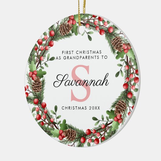 Eerste kerst als grootouders Bloemenkrans Keramisch Ornament (Links)