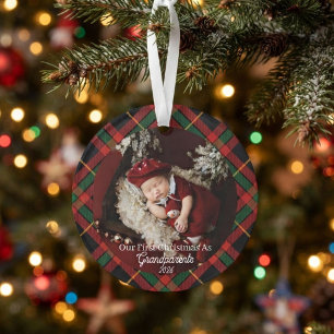 Eerste kerst als grootouders Rood geruit foto Ornament