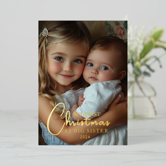 Eerste kerst als grote zusterfoto folie feestdagenkaart (Staand Voorkant)