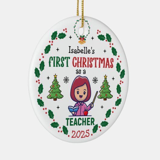 Eerste kerst als leraar aangepaste naam ronde keramisch ornament (Rechts)