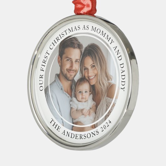 Eerste kerst als mama en papa aangepaste foto metalen ornament (Links)