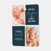 Eerste kerst als mama papa blauwe foto metalen ornament (Voorkant links)