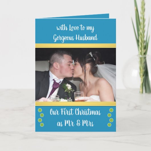 Eerste kerst als meneer en mevrouw blauwe en groen kaart (Voorkant)
