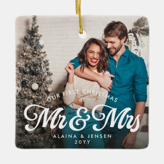 Eerste kerst als meneer en mevrouw één foto keramisch ornament (Voorkant)
