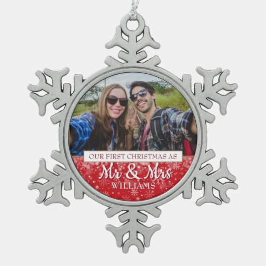 Eerste kerst als meneer en mevrouw foto tin sneeuwvlok ornament (Voorkant)