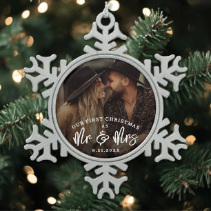 Eerste kerst als meneer en mevrouw foto tin sneeuwvlok ornament
