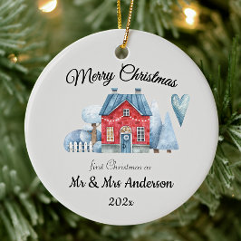 Eerste kerst als meneer en mevrouw pasgehuwden ron keramisch ornament