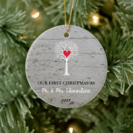 Eerste kerst als meneer en mevrouw rustieke liefde keramisch ornament