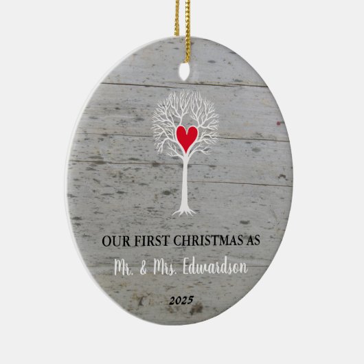 Eerste kerst als meneer en mevrouw rustieke liefde keramisch ornament (Rechts)