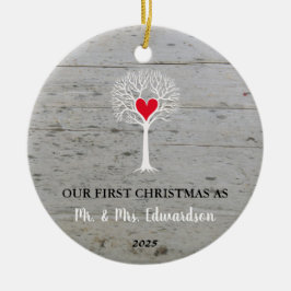 Eerste kerst als meneer en mevrouw rustieke liefde keramisch ornament