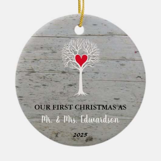 Eerste kerst als meneer en mevrouw rustieke liefde keramisch ornament (Voorkant)