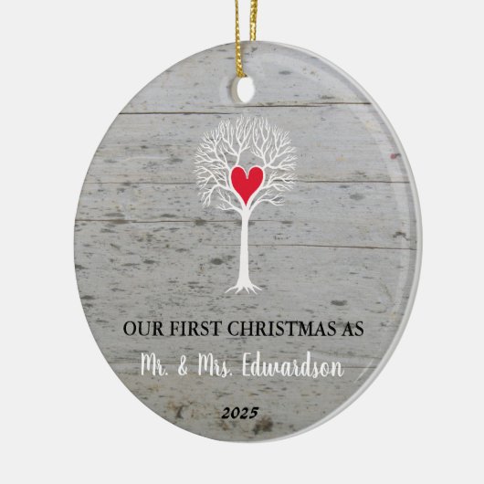 Eerste kerst als meneer en mevrouw rustieke liefde keramisch ornament (Links)