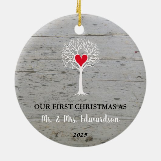Eerste kerst als meneer en mevrouw rustieke liefde keramisch ornament (Achterkant)