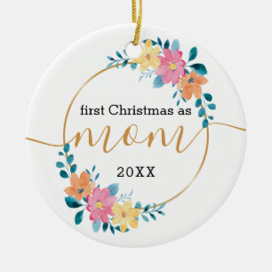Eerste kerst als moeder bloemstuk en gouden krans keramisch ornament