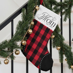 Eerste kerst als moeder rood geruit gepersonalisee kleine kerstsok