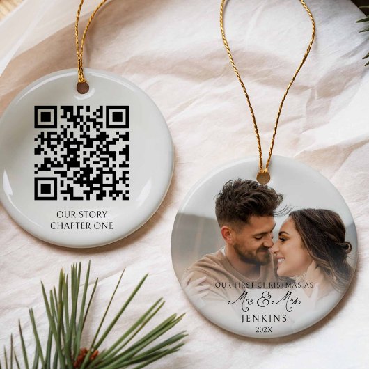 Eerste kerst als Mr en Mrs QR Code Foto Keramisch Ornament