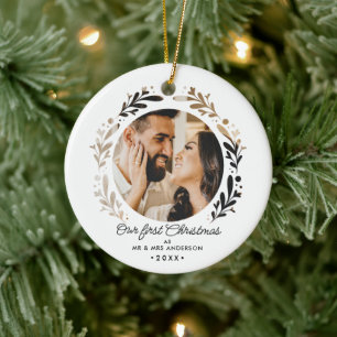 Eerste kerst als Mr & Mrs 2-foto uitsnede eenvoudi Keramisch Ornament