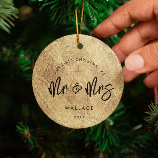 Eerste kerst als Mr & Mrs. Faux Gouden Foto Keramisch Ornament
