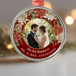 Eerste kerst als Mr & Mrs Floral Foto Metalen Ornament