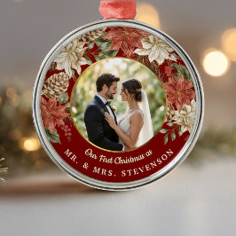 Eerste kerst als Mr & Mrs Floral Foto Metalen Ornament