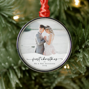 Eerste kerst als Mr & Mrs Hearts Foto Metalen Ornament