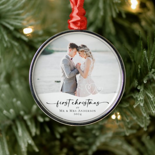 Eerste kerst als Mr & Mrs Hearts Foto Metalen Ornament (Boom)