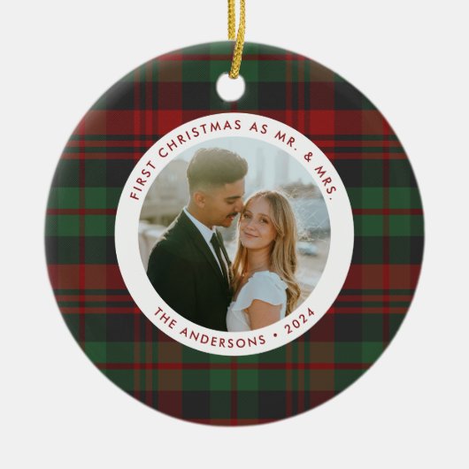 Eerste kerst als Mr & Mrs Plaid Fotovakantie Keramisch Ornament (Voorkant)