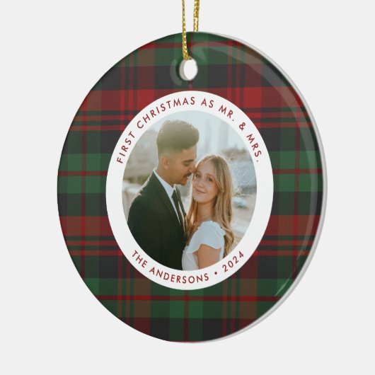 Eerste kerst als Mr & Mrs Plaid Fotovakantie Keramisch Ornament (Links)