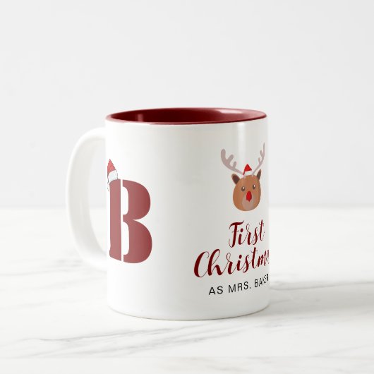 Eerste kerst als Mrs. Family Monogrammed Naam Tweekleurige Koffiemok (Voorkant links)