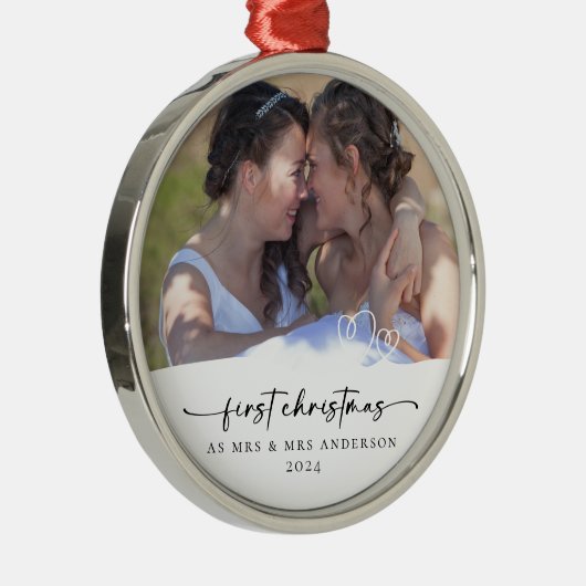 Eerste kerst als Mrs & Mrs Photo Keepsake Metalen Ornament (Rechts)