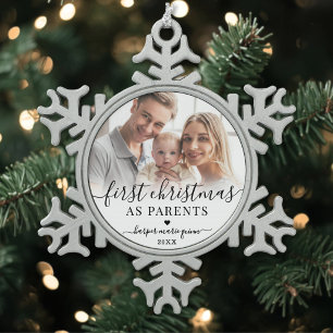 Eerste kerst als ouders baby foto tin sneeuwvlok ornament