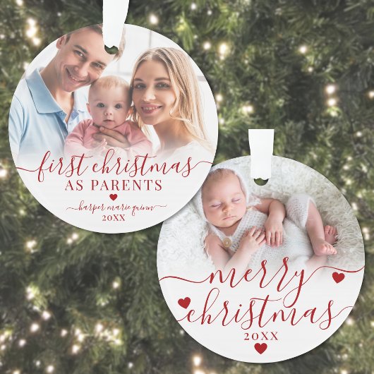 Eerste kerst als ouders nieuwe baby 2 foto ornament