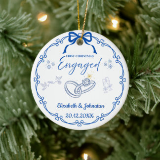Eerste kerst als verloofden met namen en datum keramisch ornament