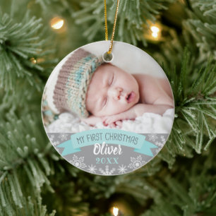Eerste kerst Aqua Blauwe Baby Jongen Foto Keramisch Ornament