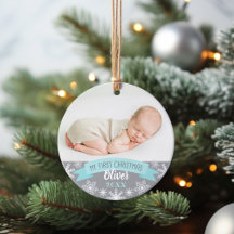 Eerste kerst Aqua Blauwe Baby Jongen Foto